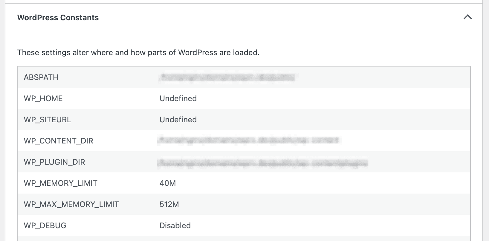Site Health - Info tab - WordPress section